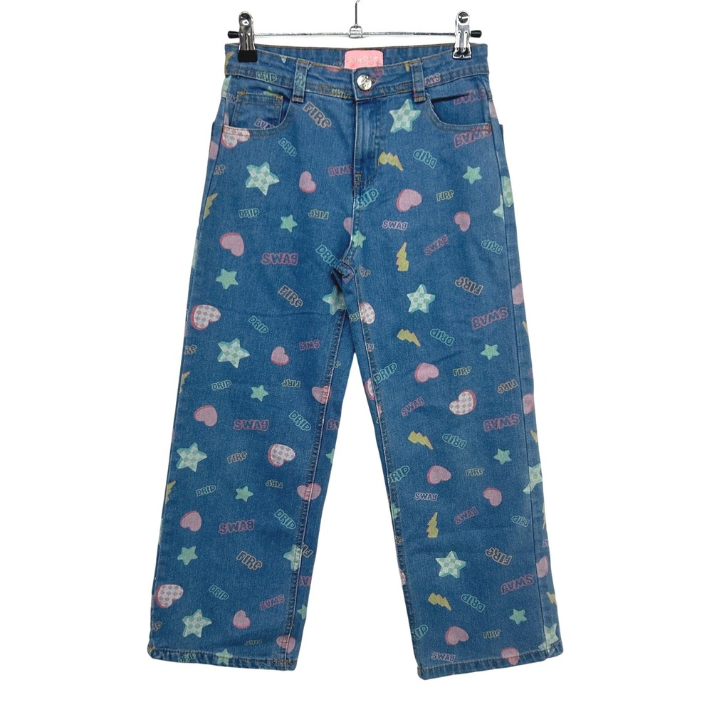 Girls Y2K Wide Leg Jeans 8 Kawaii Mallcore Kidcore Graphic Print Denim